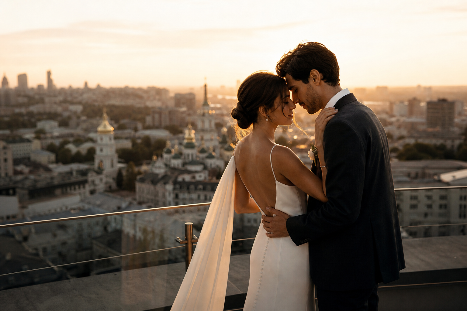 Bride and groom embracing at golden hour on a Kyiv rooftop, cinematic warm light