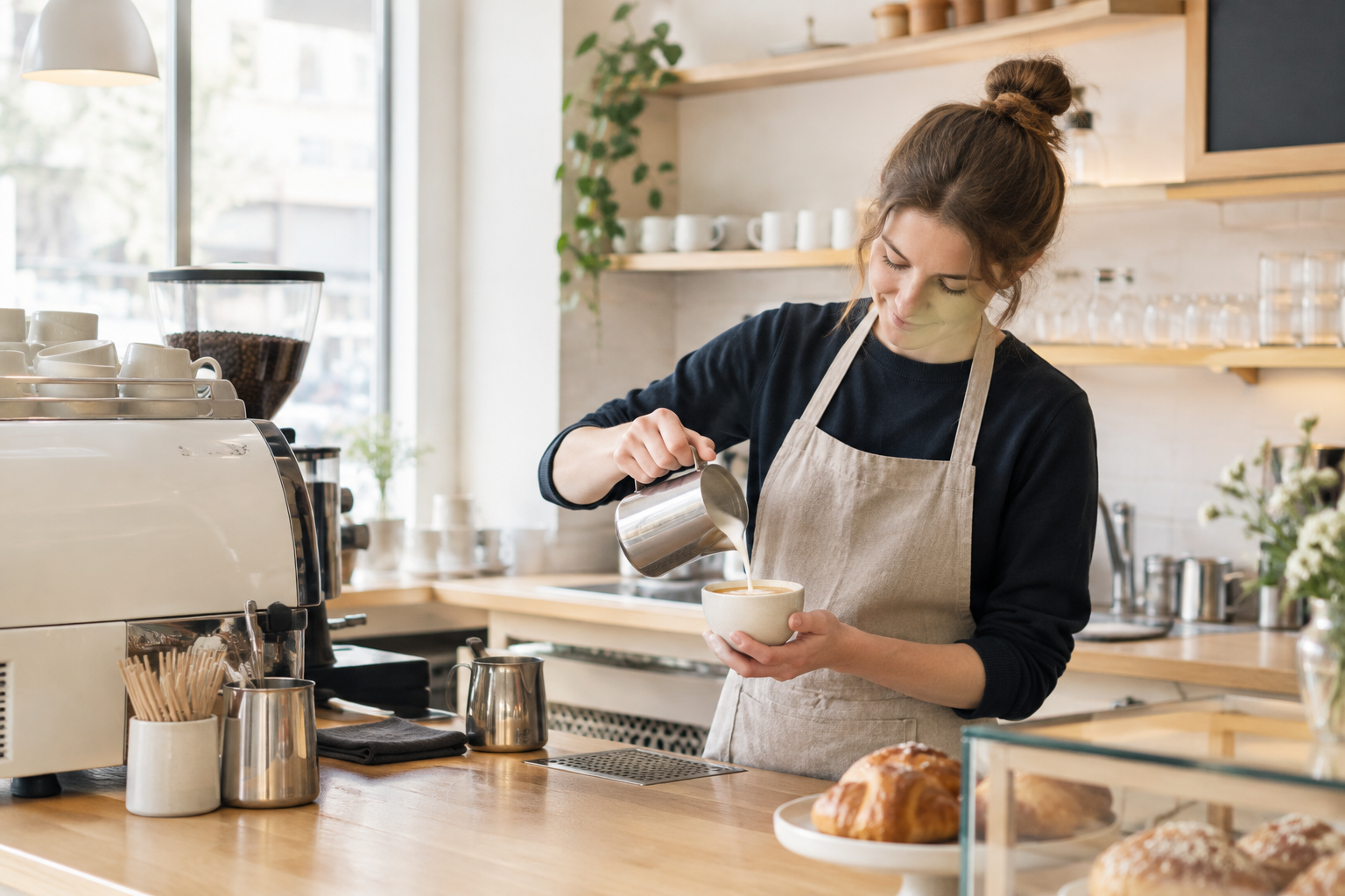 Barista preparing a milk drink at the counter in a calm, airy neighborhood cafe