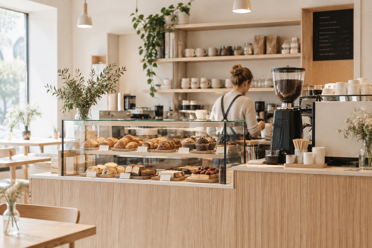 Welcoming cafe counter with pastry case, coffee grinder, and warm light wood details