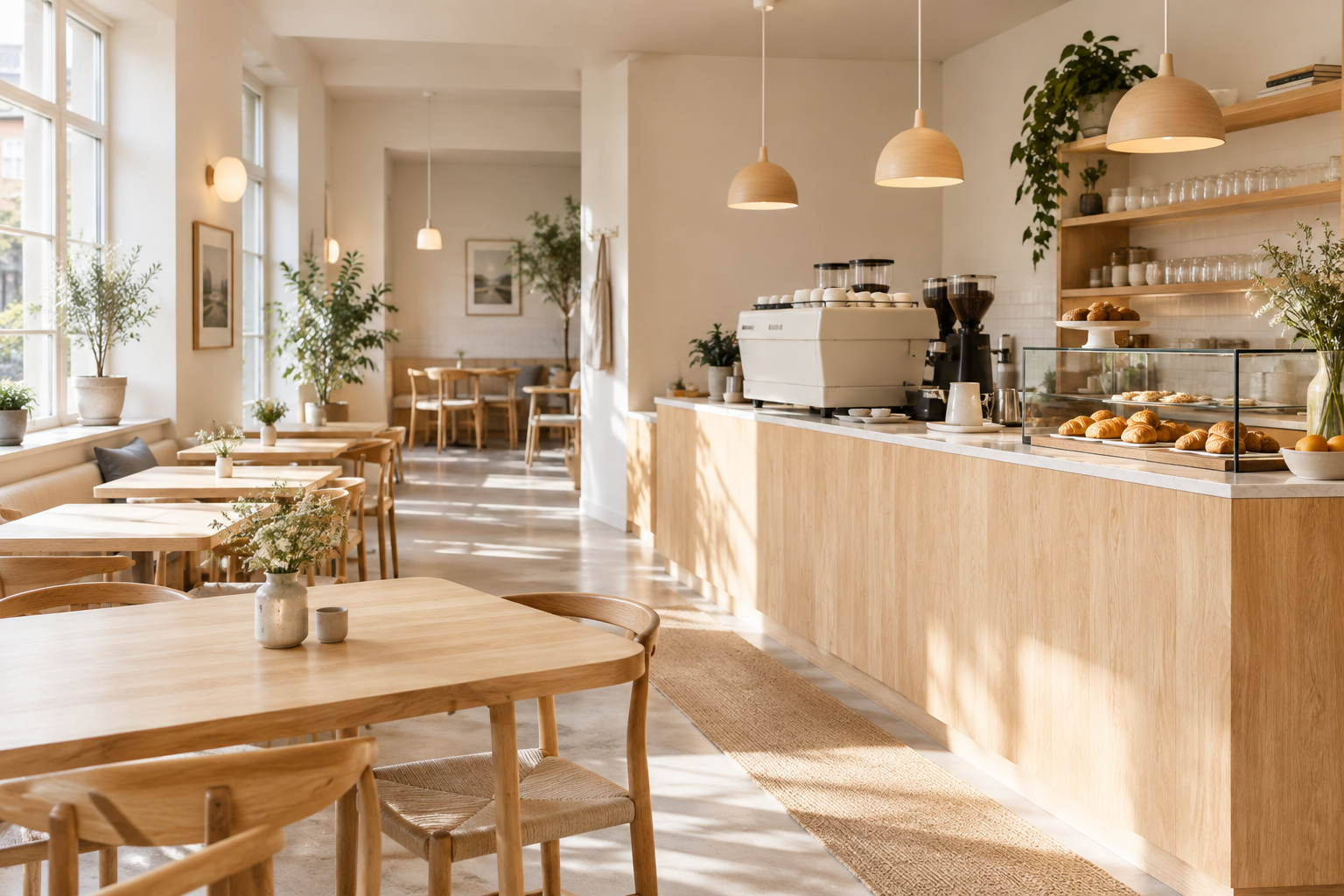 Sunlit Scandinavian neighborhood cafe interior with pale oak tables, warm pendant lights, and a calm coffee bar