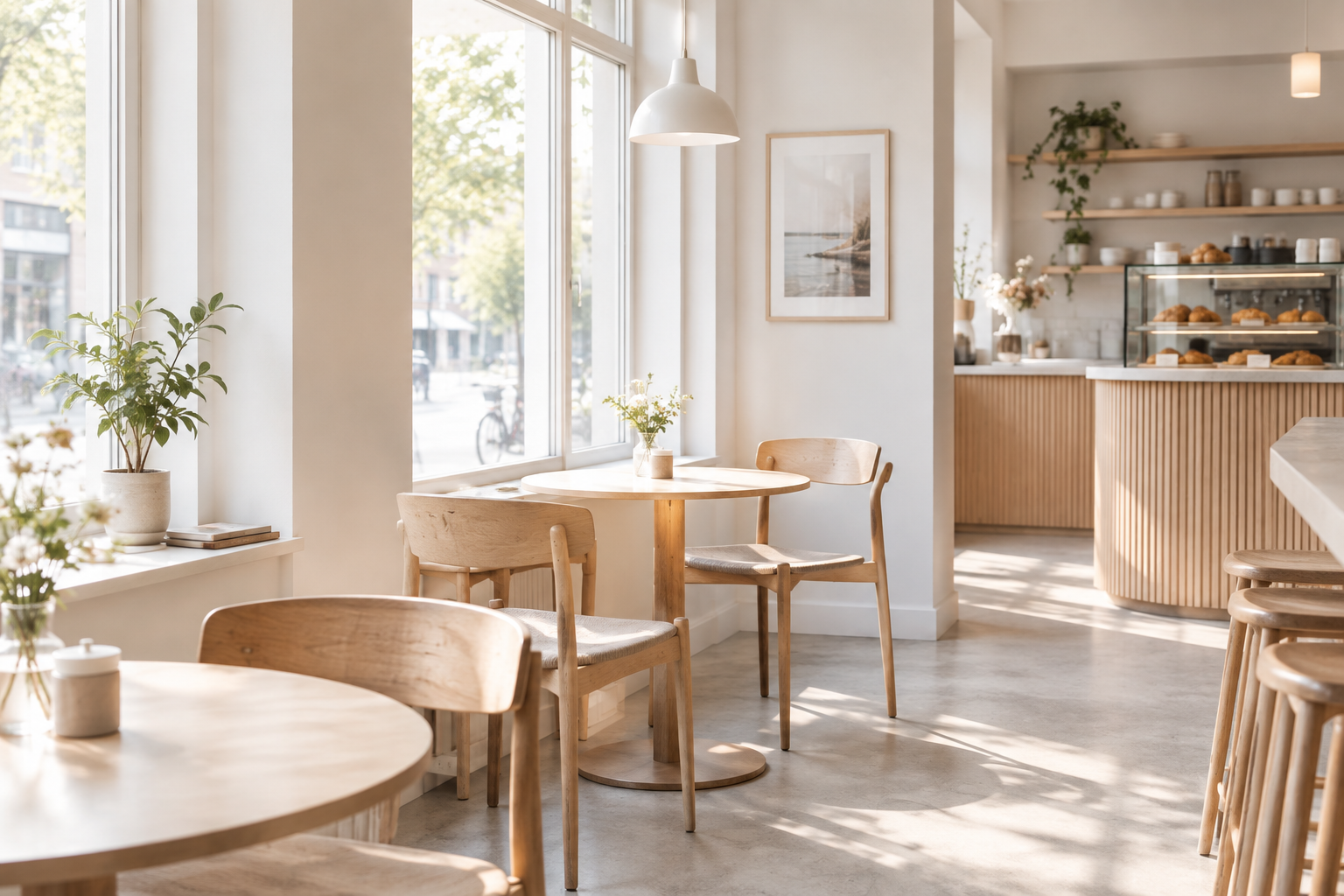 Bright cafe corner with pale oak tables, simple chairs, and soft daylight from tall windows