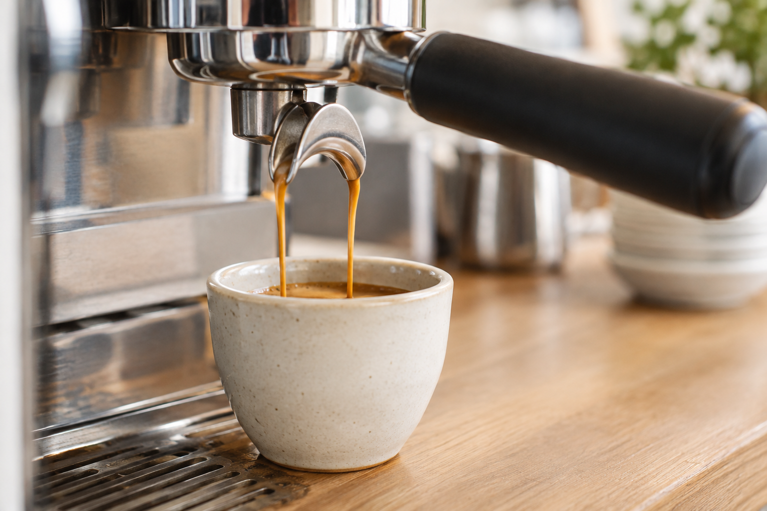 Close view of rich espresso pouring into a small ceramic cup on a wooden counter