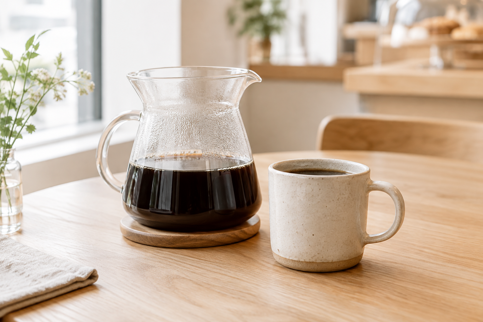 Glass carafe of freshly brewed filter coffee beside a handmade cream-colored mug
