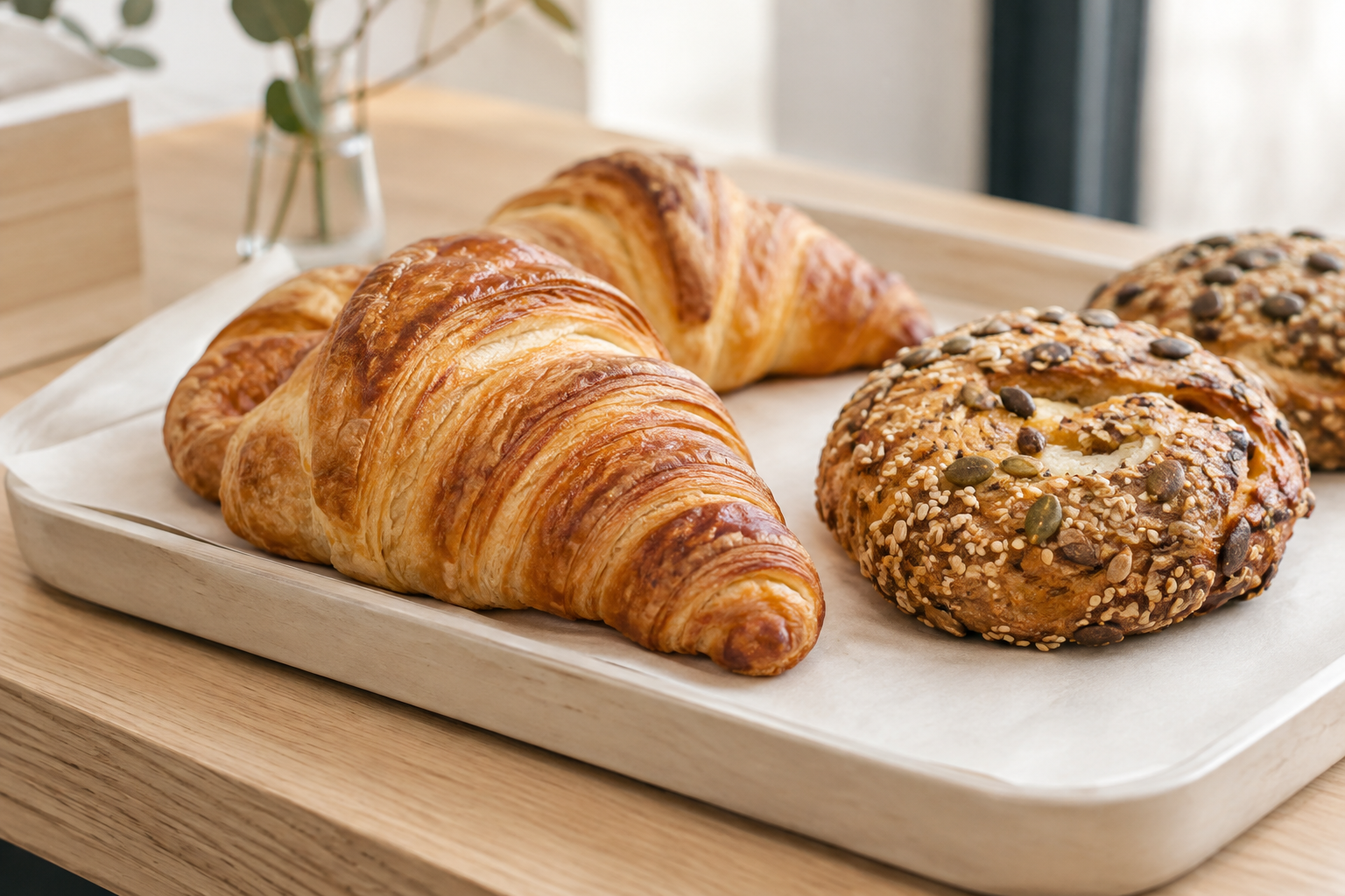 Golden flaky croissants and a seeded pastry arranged on a pale bakery tray