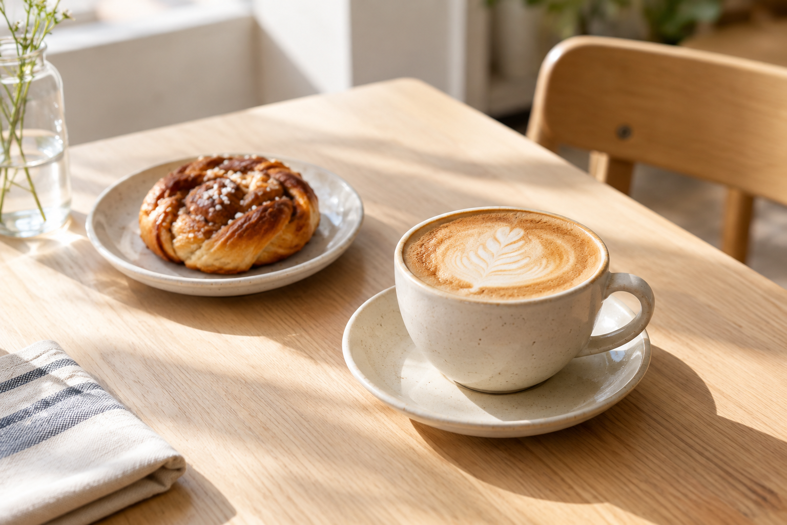 Quiet cafe table with a cappuccino, a small pastry, and sunlight falling across the surface