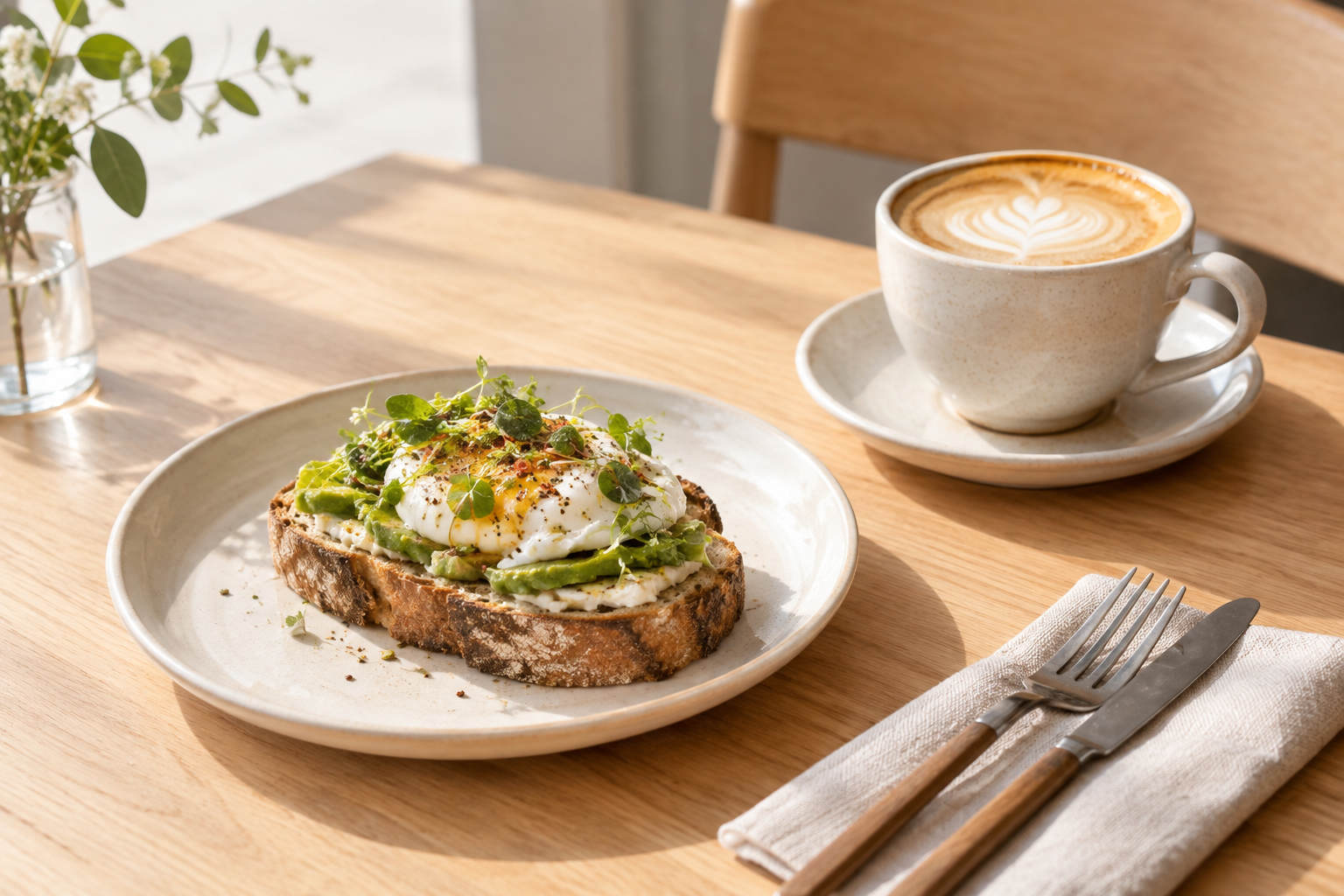 Simple breakfast toast and a cappuccino on a light oak table in natural morning sun