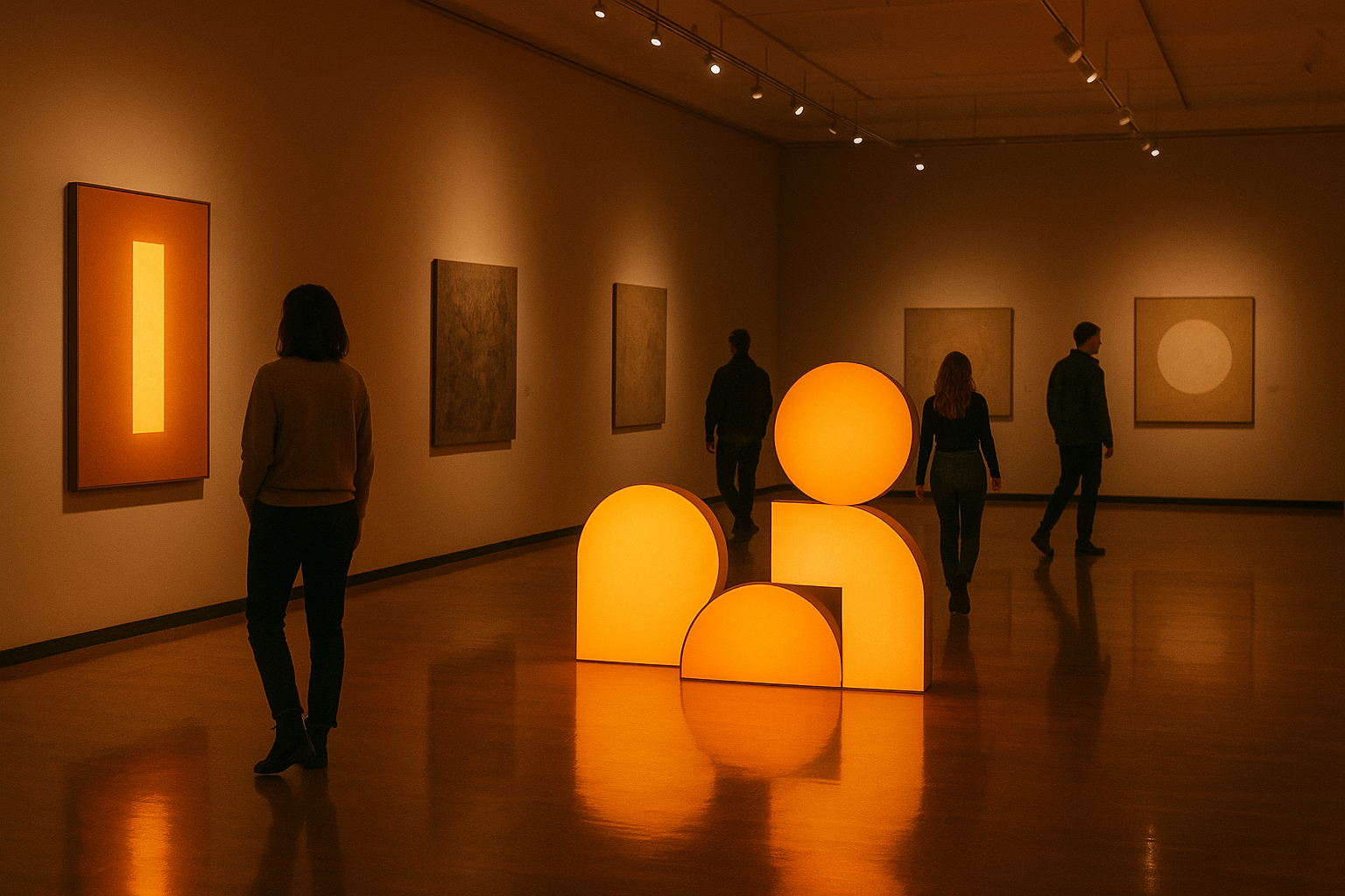 Atmospheric exhibition hall in Poznań with warm lighting and visitors moving between illuminated installations