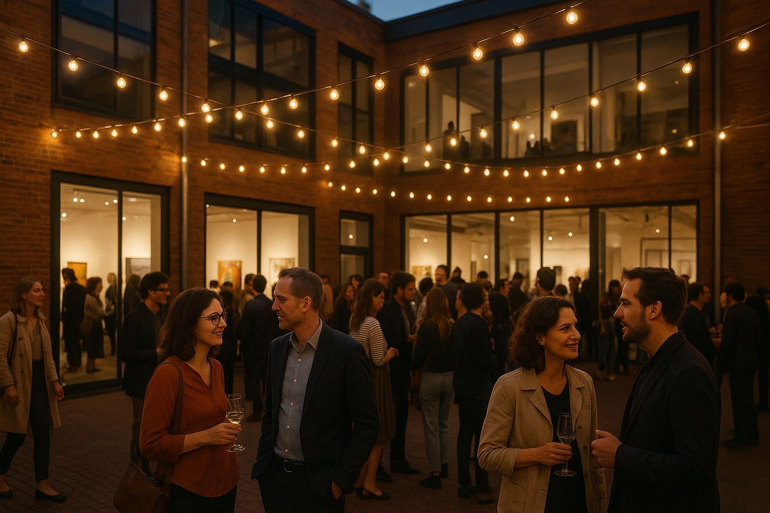 Evening crowd at a Poznań gallery courtyard with warm lights and people mingling