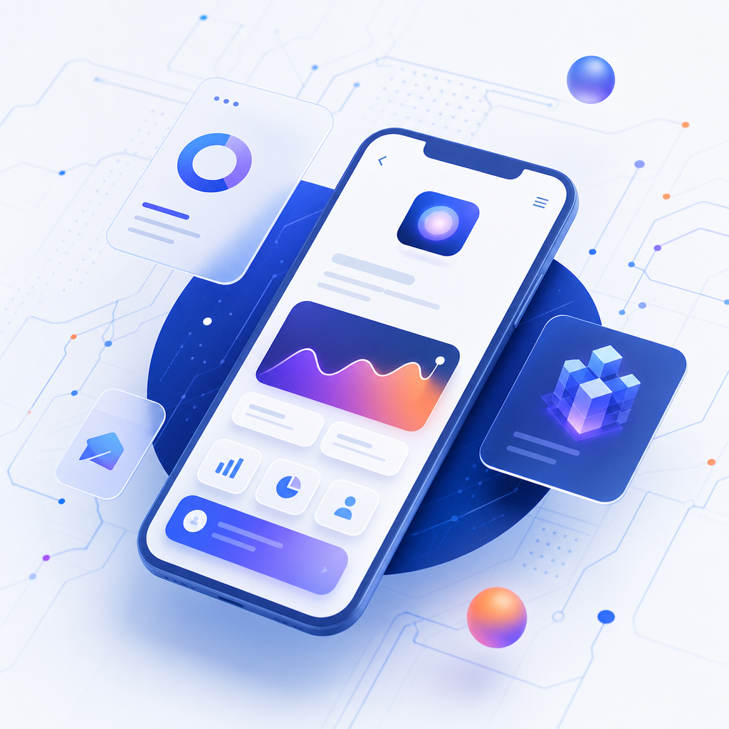 Abstract tech illustration of a modern mobile interface mockup with layered UI cards and subtle circuit patterns
