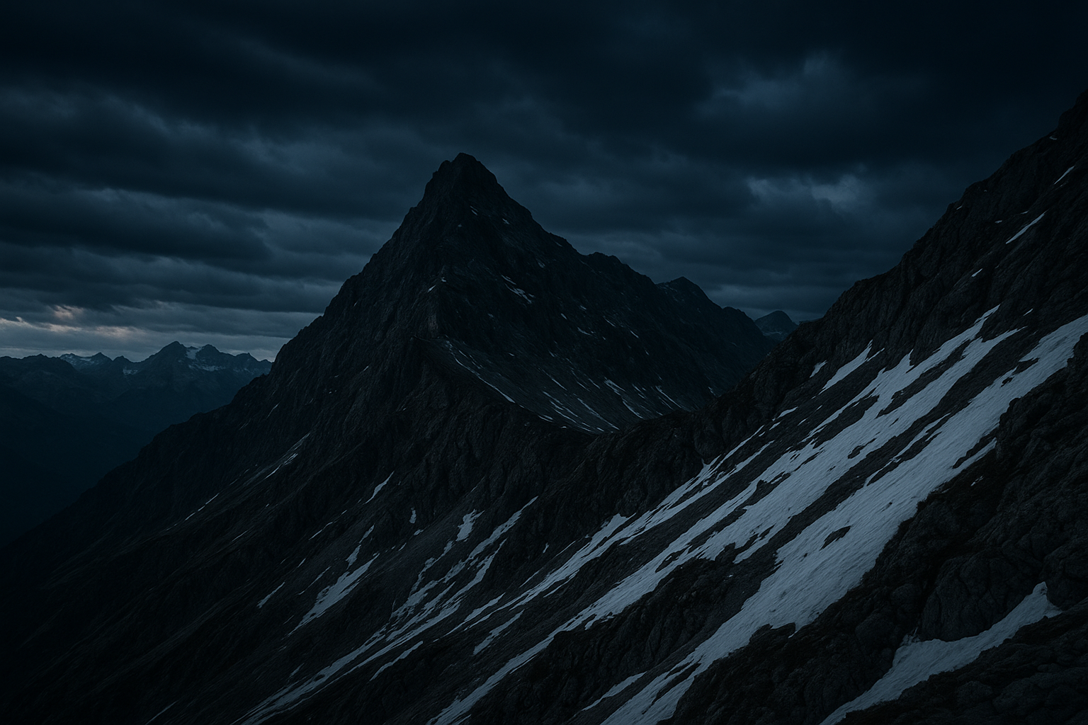 Cinematic alpine mountain ridge at dusk with layered clouds and rugged snow-lined terrain