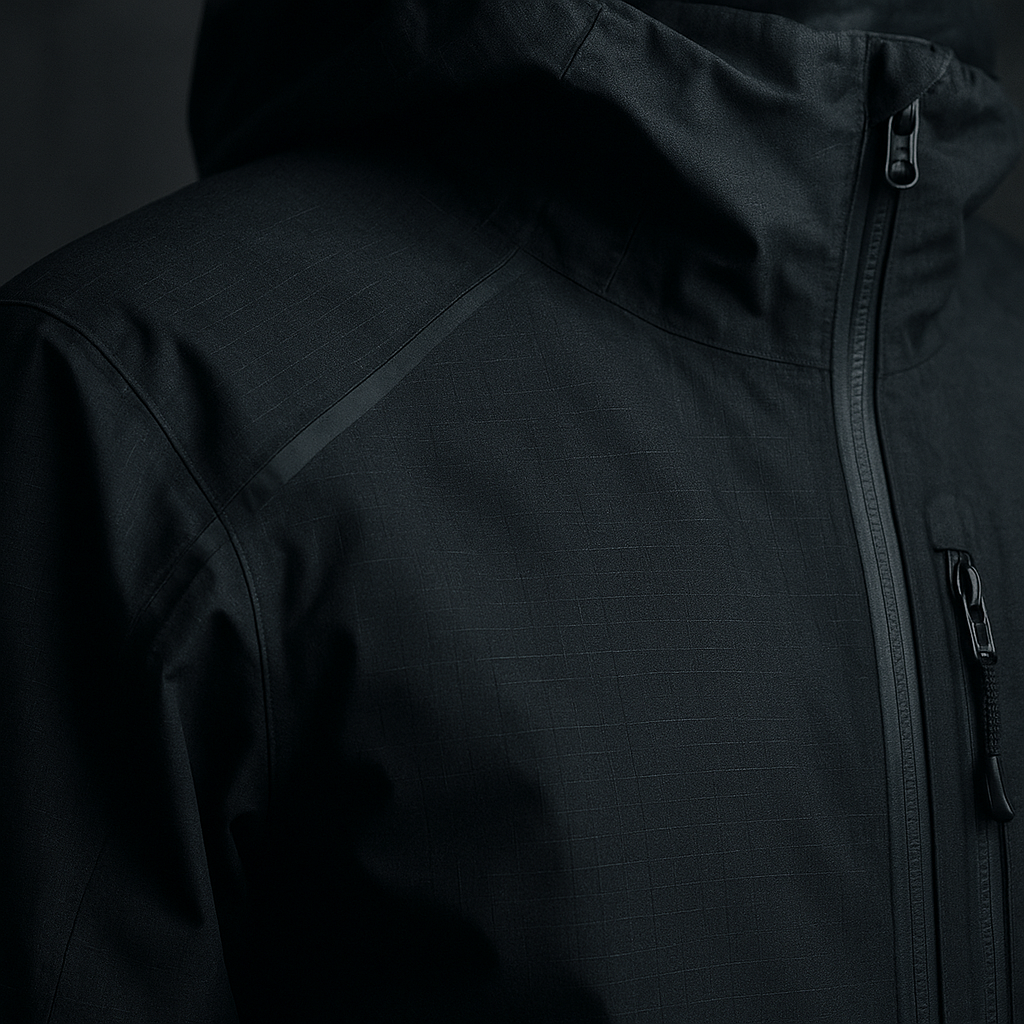 Close technical crop of a dark waterproof shell jacket showing taped seams and matte fabric texture