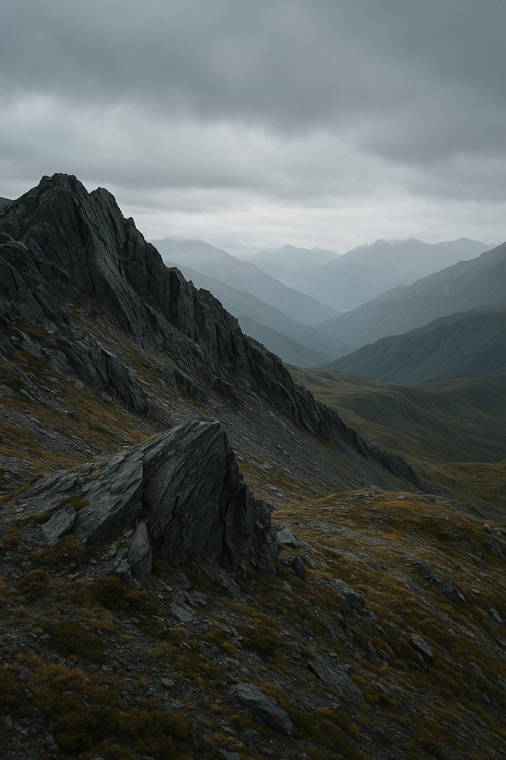 Tall alpine terrain detail with layered rocky ridges, wind-cut slopes, and cool overcast mountain light