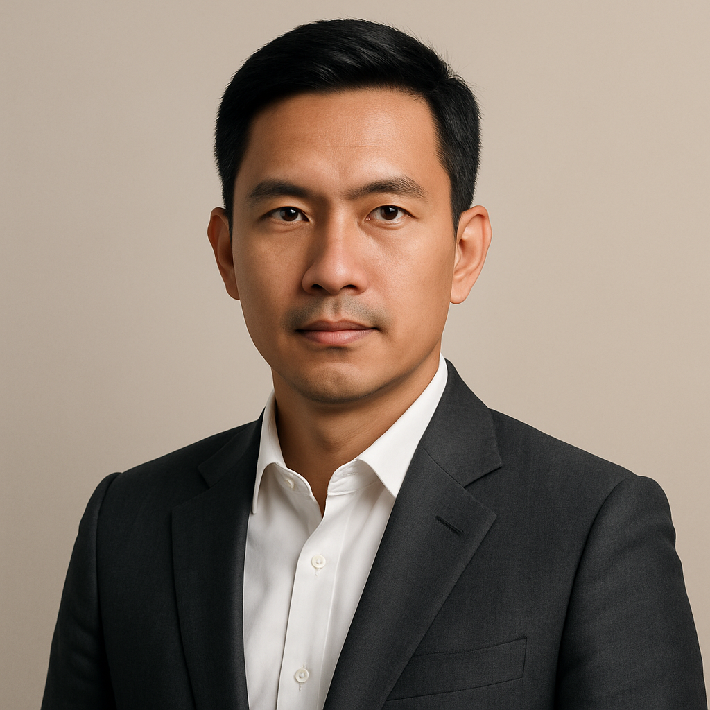 Professional portrait of a Kuala Lumpur property investor with short black hair and a charcoal suit