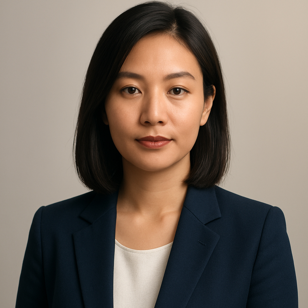 Professional portrait of a Singapore-based home buyer advisor with shoulder-length dark hair and a navy blazer