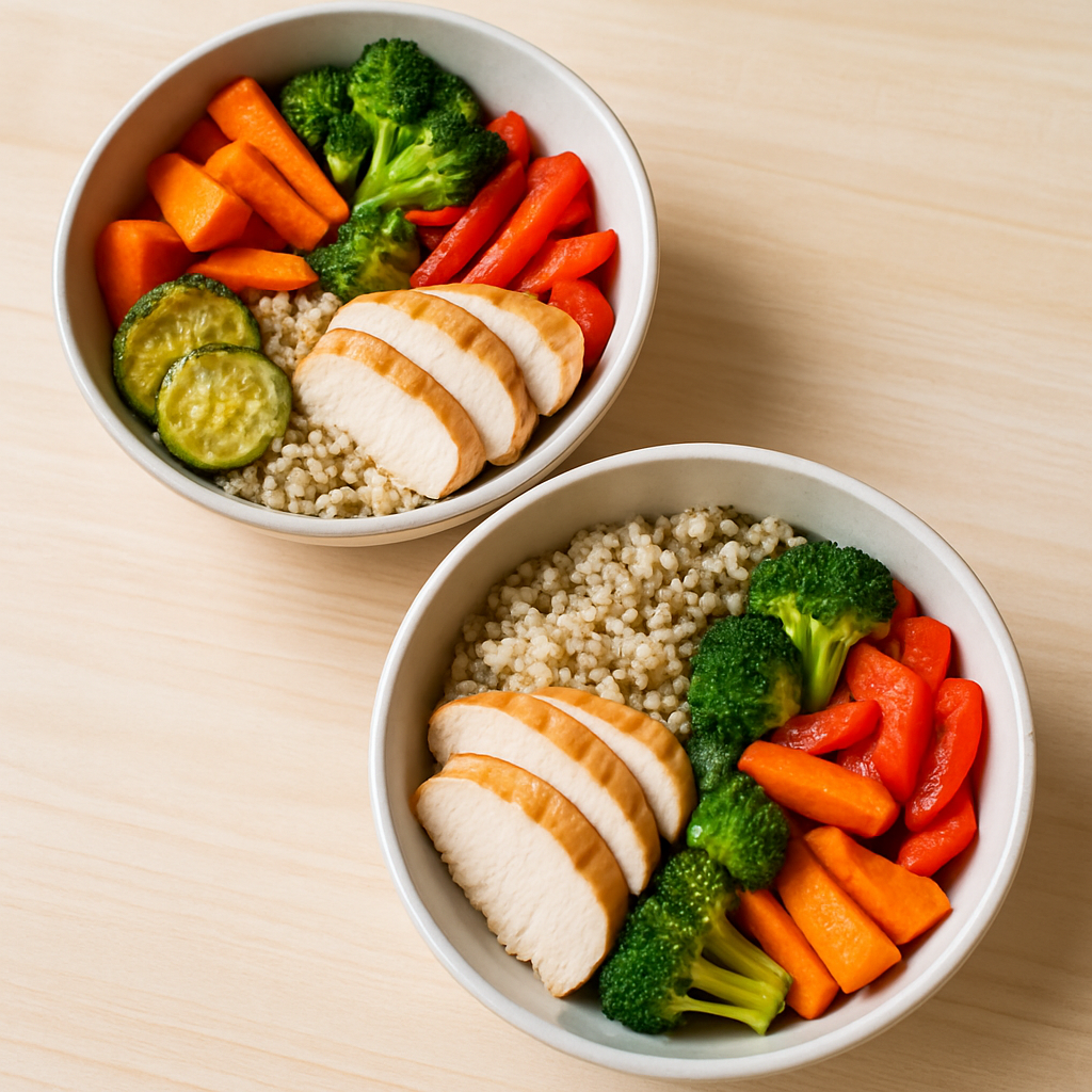 Fresh kidney-friendly meal bowls with colorful vegetables and grains