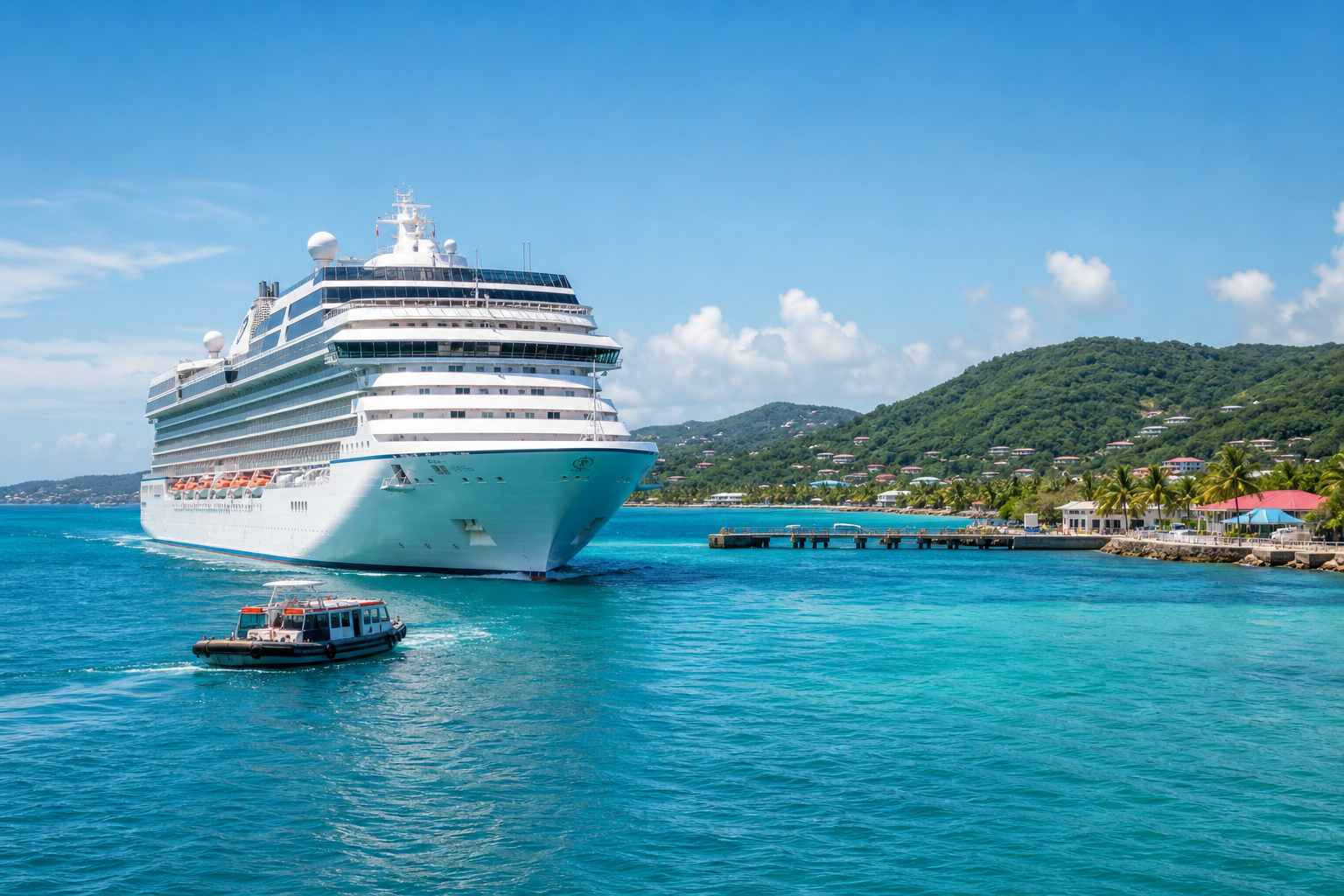 modern cruise ship approaching a sunny island harbor with calm turquoise water and a small tender boat nearby