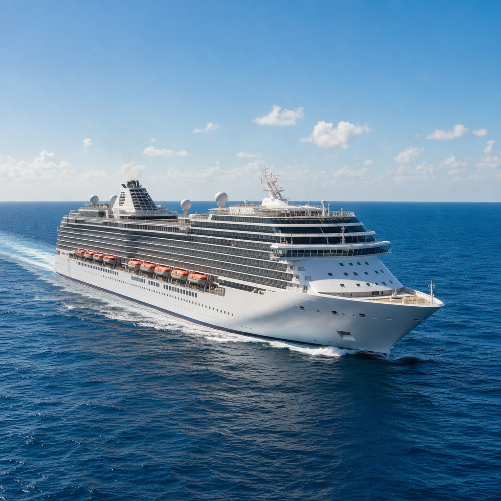 Docked cruise ship at a port in calm daylight conditions with a clear sky and gentle water