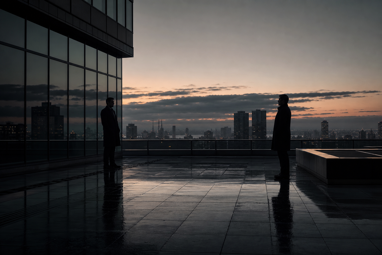 Cinematic dawn film still of a glass high-rise rooftop set with two characters in silhouette against a pale horizon