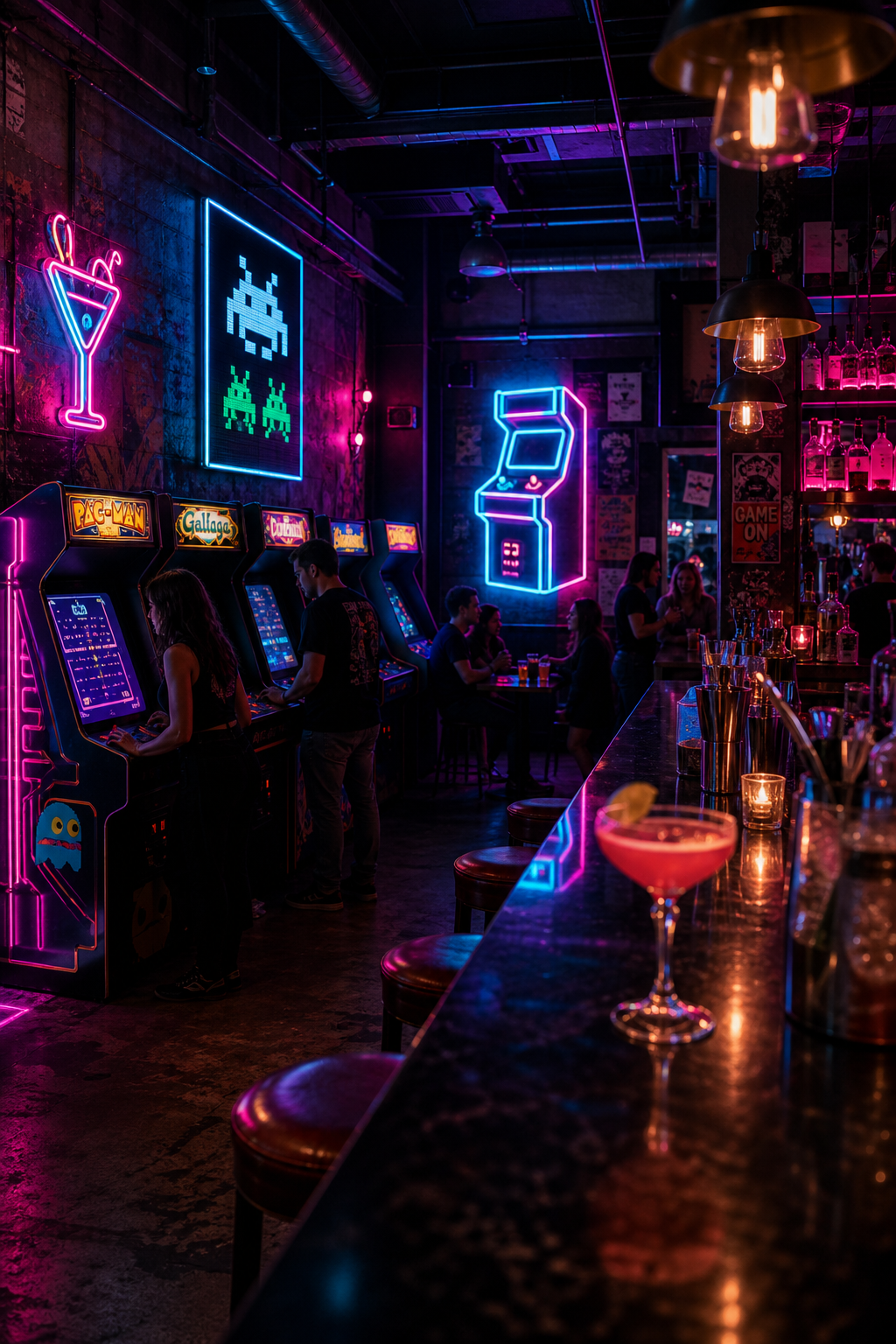 Neon-lit retro arcade bar corner with glowing cabinets, cocktail counter highlights, and an energetic evening atmosphere