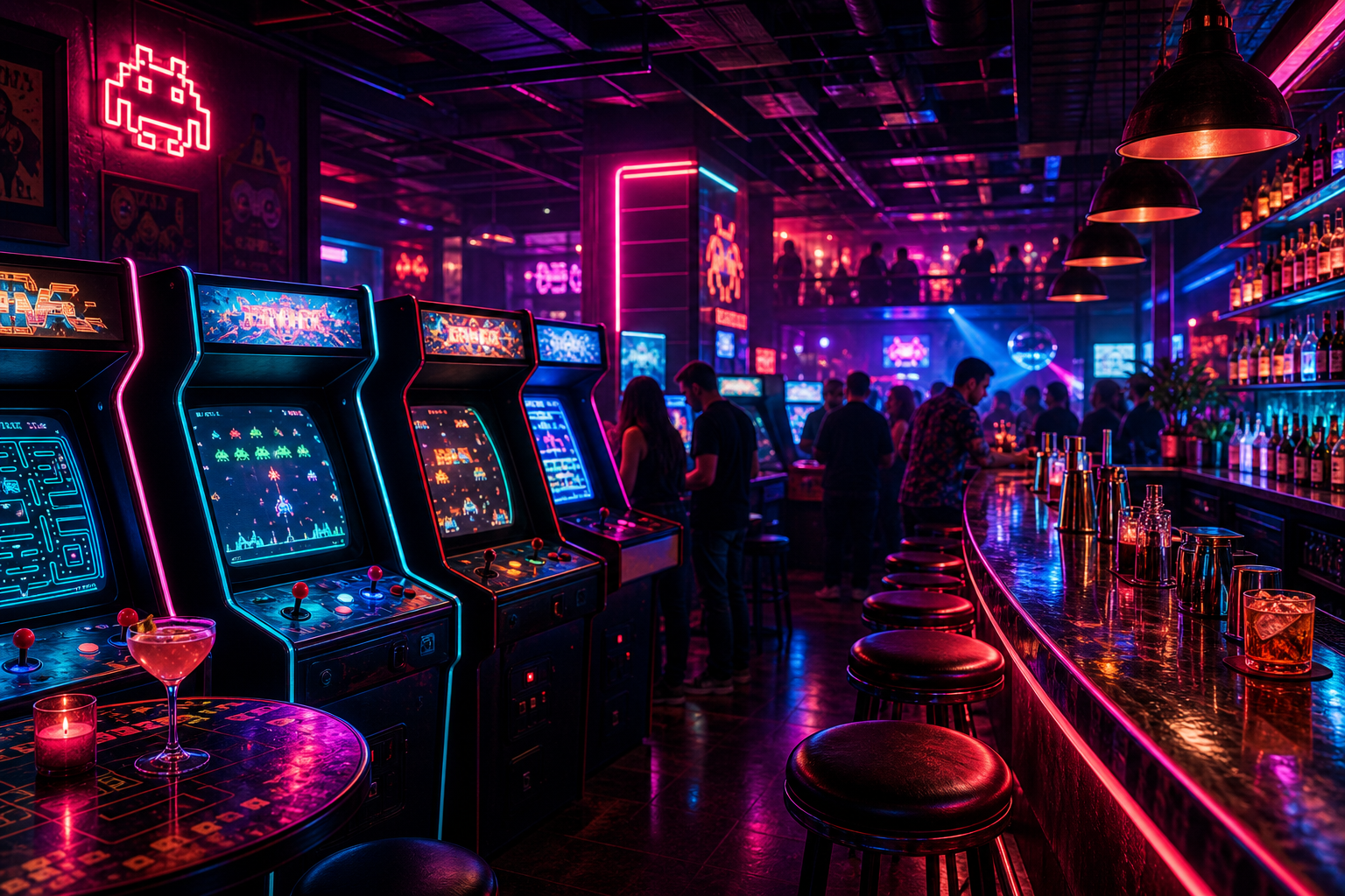 Neon-lit arcade bar interior with glowing game cabinets, cocktail bar counter, and lively nightlife mood