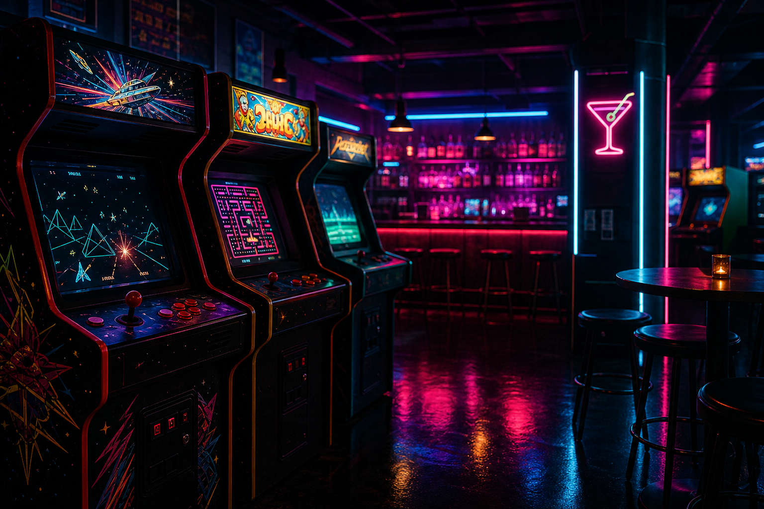 Moody retro arcade bar interior with glowing cabinets, cocktail bar lights, and neon reflections
