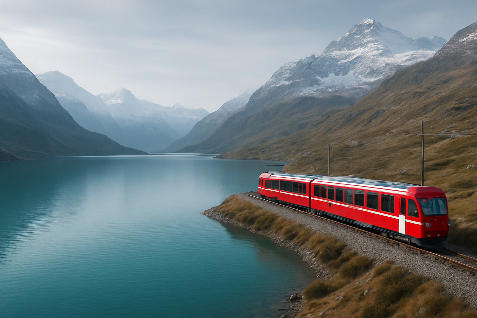 Alpine lake with scenic rail line