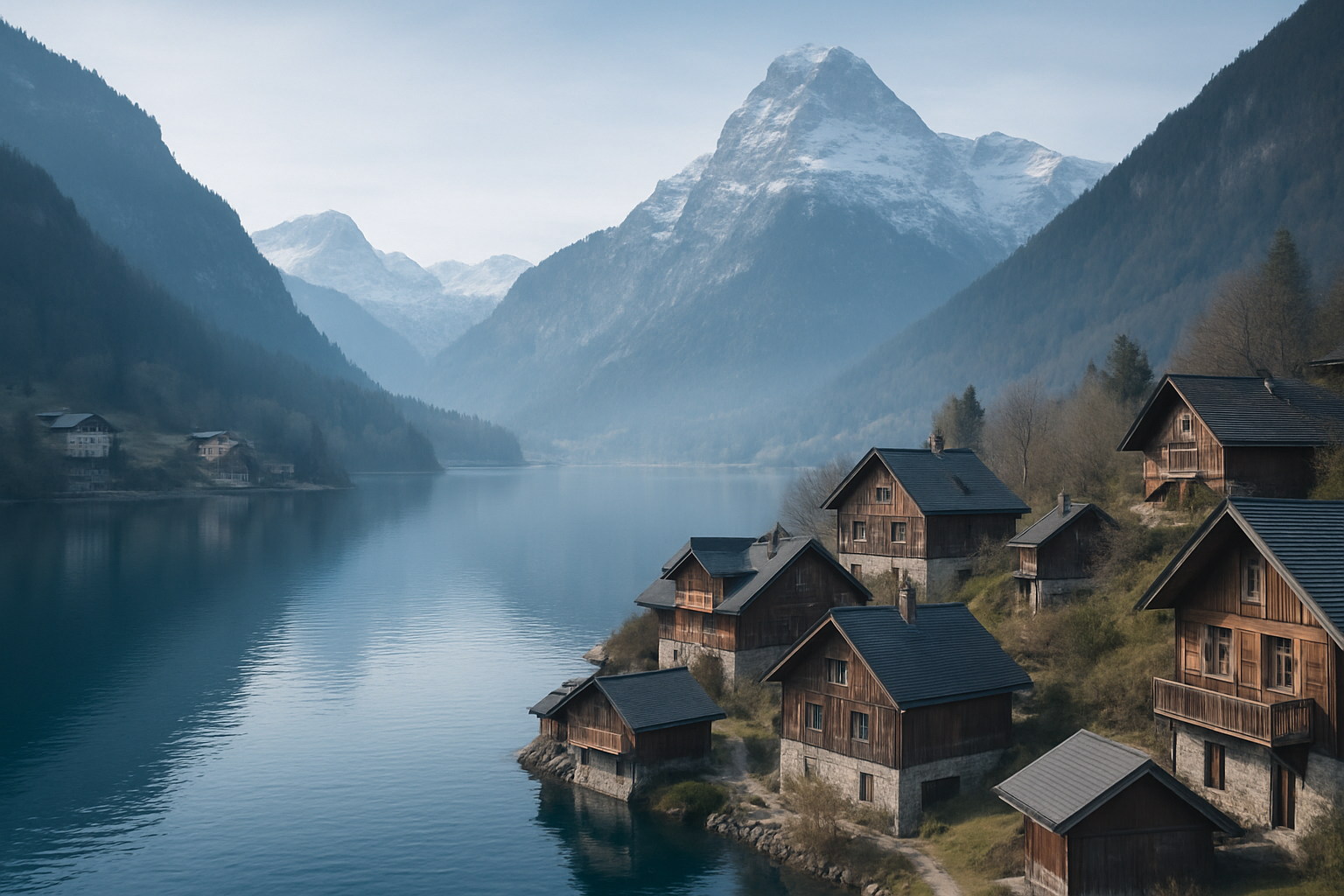 Alpine village beside a lake with mountain backdrop