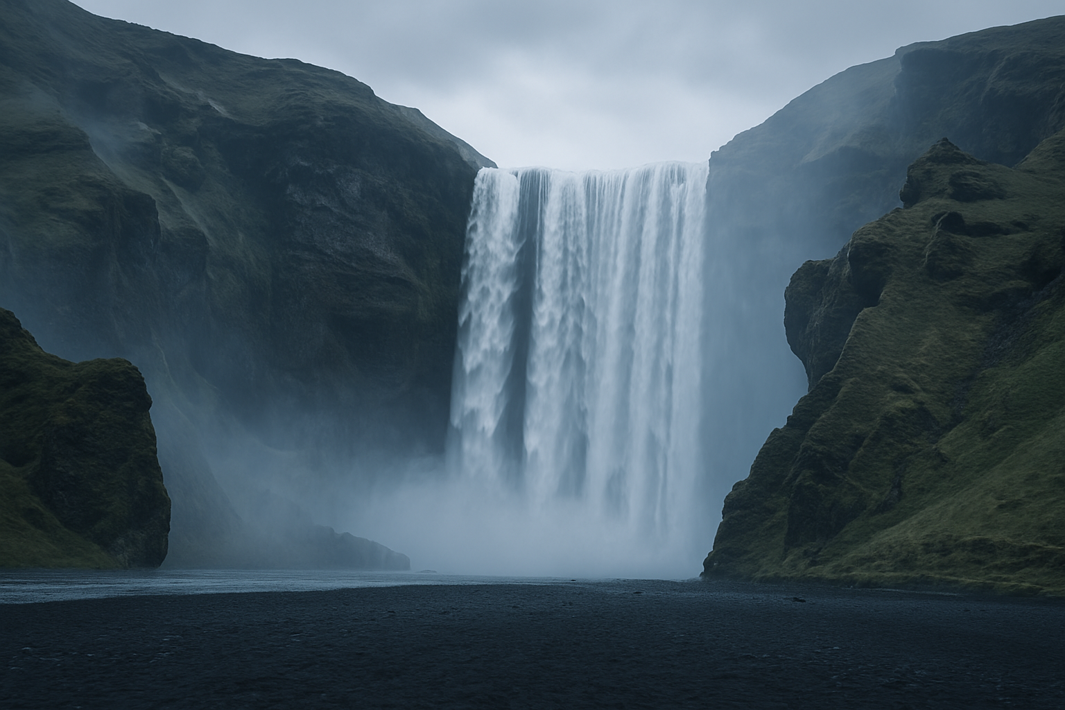 Icelandic waterfall with basalt cliffs and mist