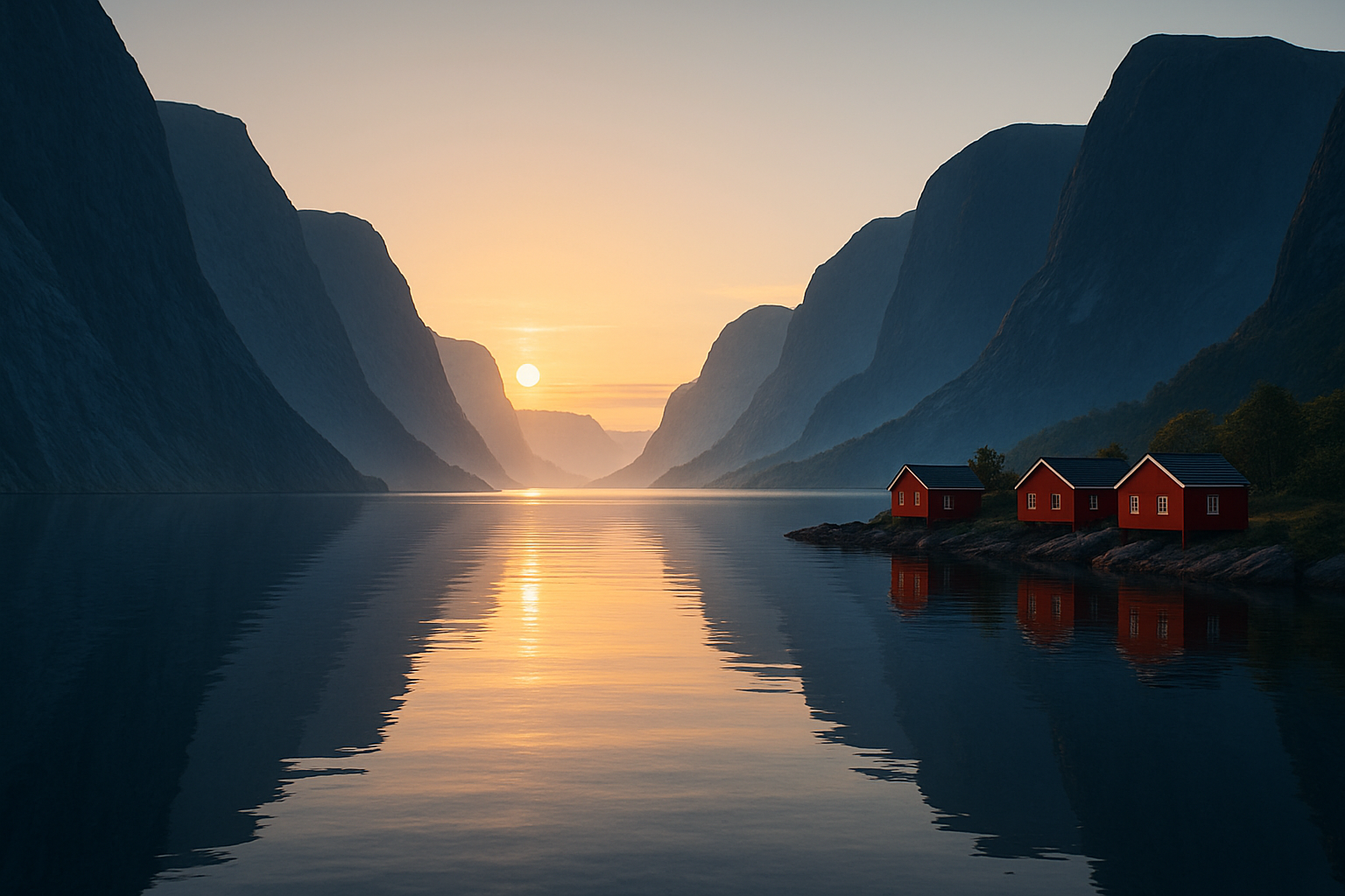 Midnight sun fjords in Norway