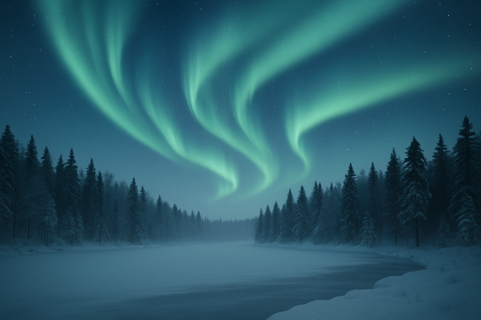 Northern lights over a quiet snowy landscape