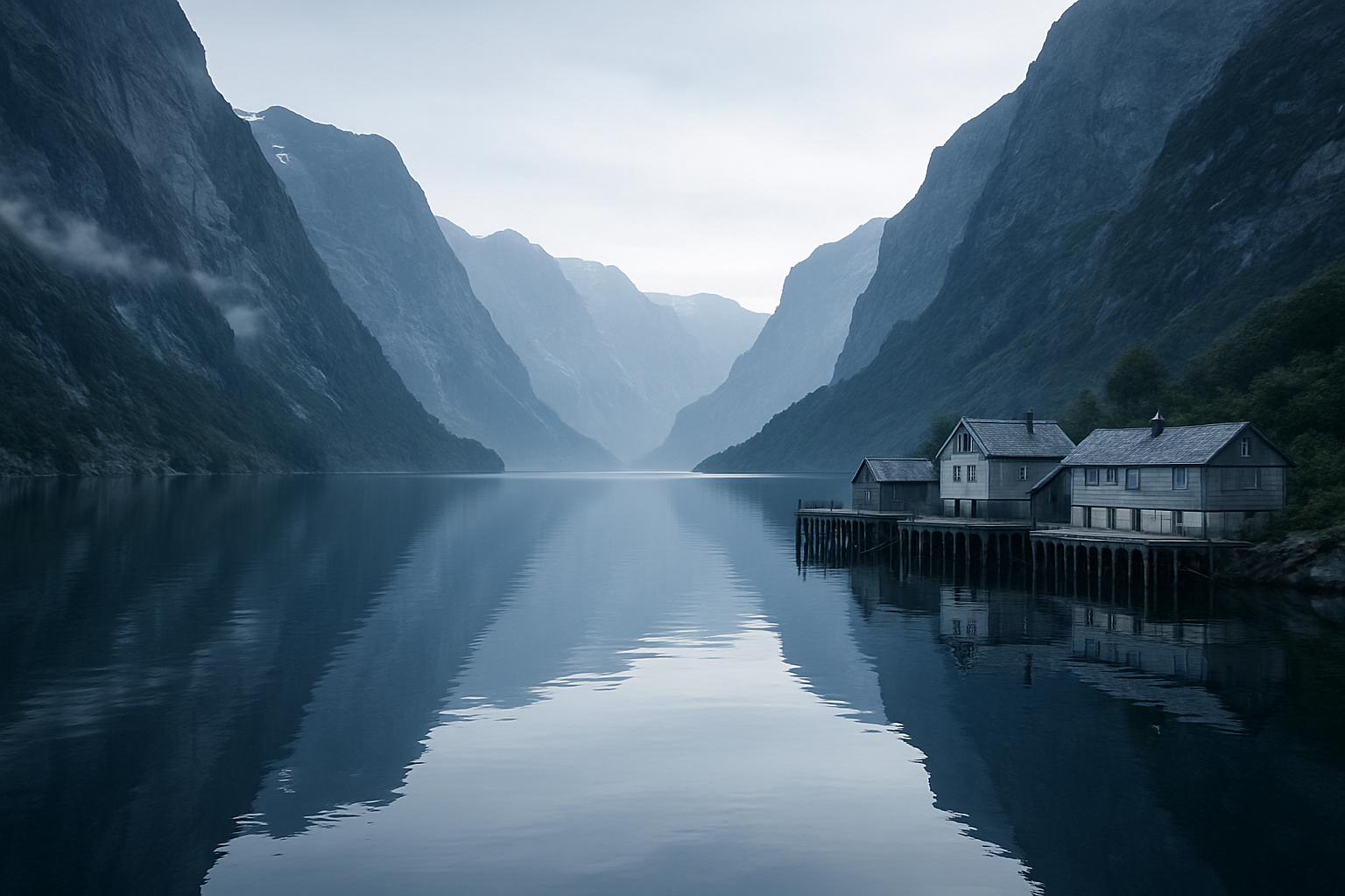 Norwegian fjord with calm water and rugged peaks