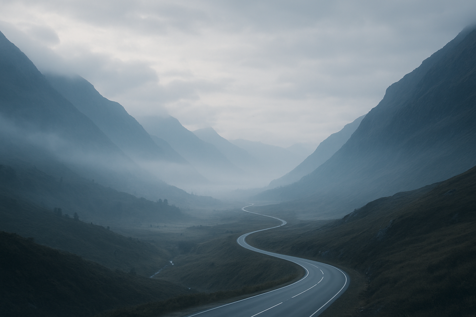 Cinematic mountain valley with mist and winding road
