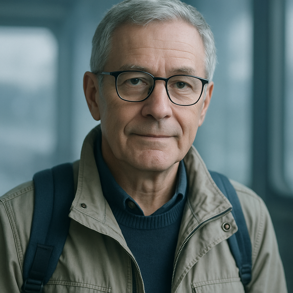 Portrait of an older traveler with short gray hair and glasses