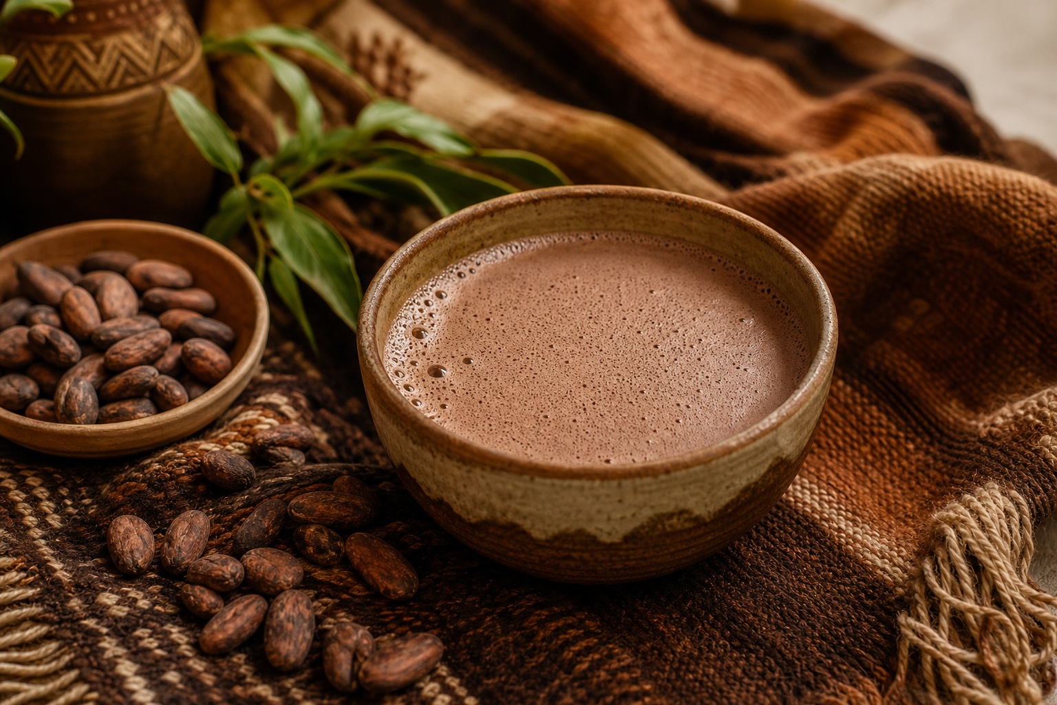 Tazón de cerámica artesanal con cacao ceremonial espumoso, acompañado de granos de cacao y textiles andinos en tonos tierra