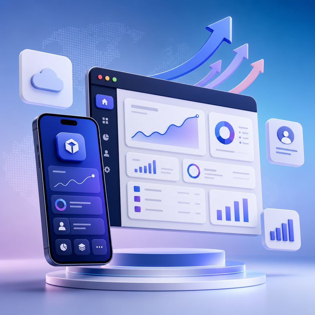 Premium 3D illustration of a smartphone and web dashboard floating with charts, growth arrows, and interface cards in a modern tech style