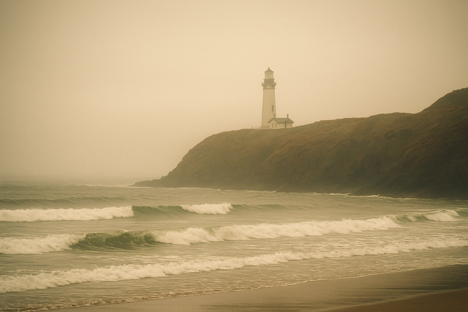 Distant lighthouse on a headland beyond layered coastal surf