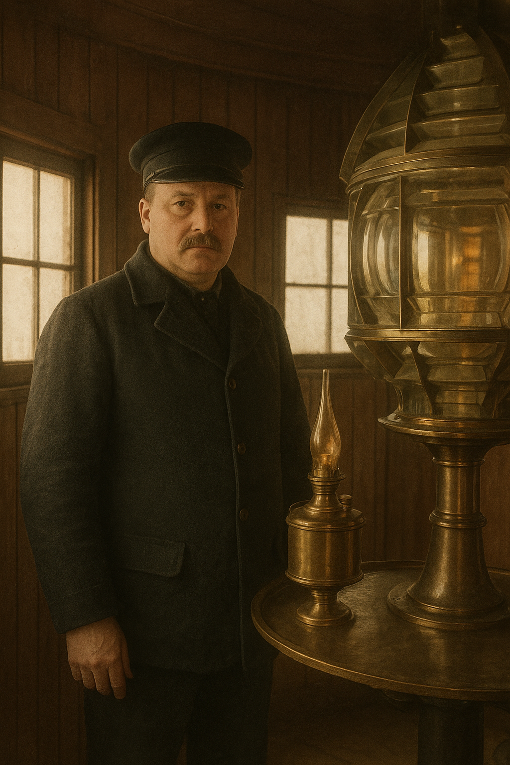 Archival-style portrait of a late-19th-century lighthouse keeper standing beside brass lamp equipment in a narrow tower room