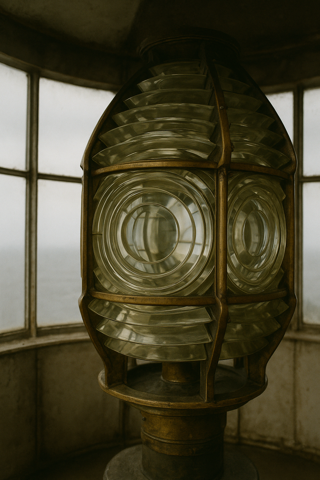 Close view of lantern room Fresnel glass and brass fittings