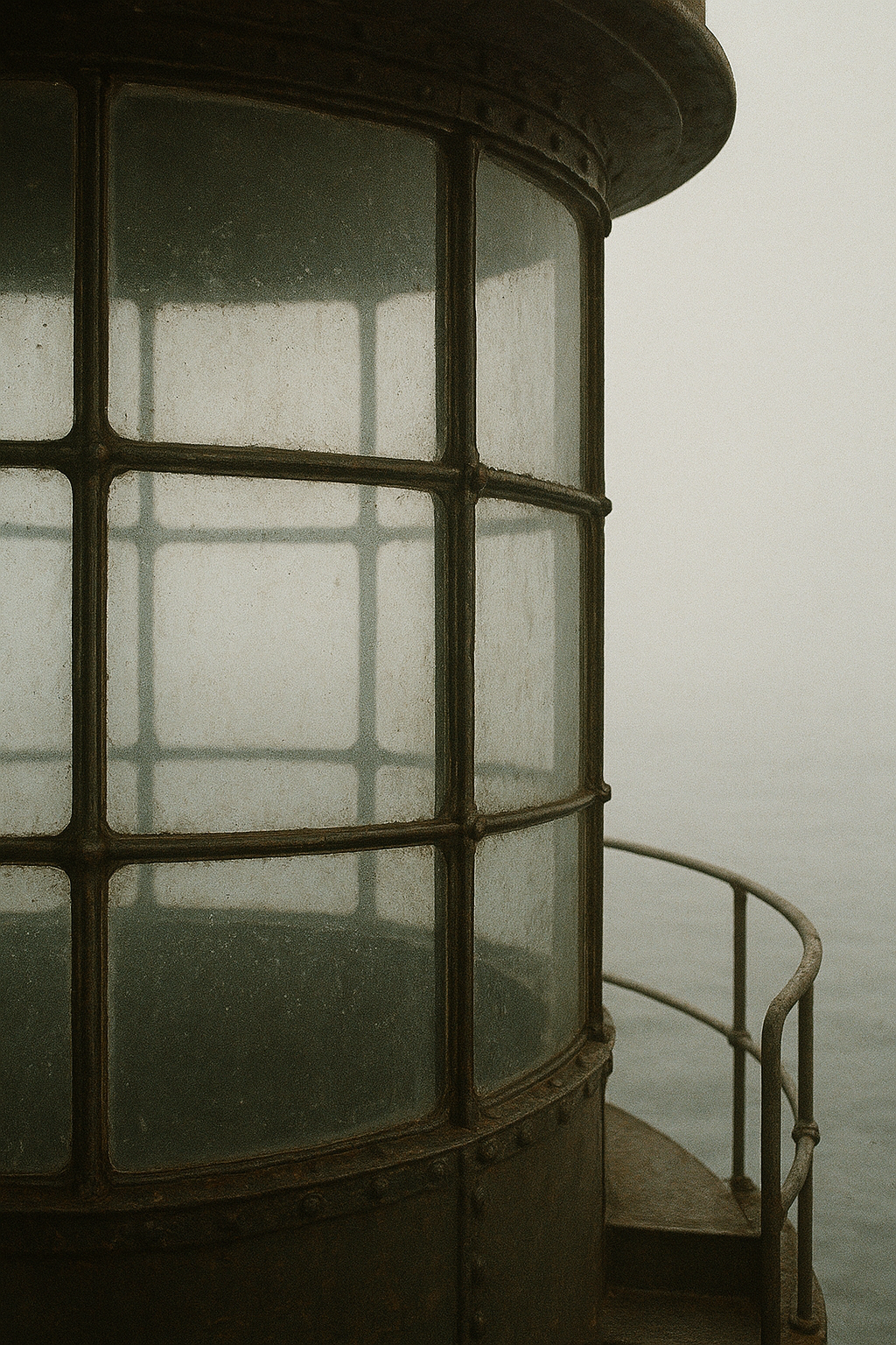 Weathered lighthouse lantern room detail with riveted metal framing, salt-stained glass panes, and soft morning coastal haze