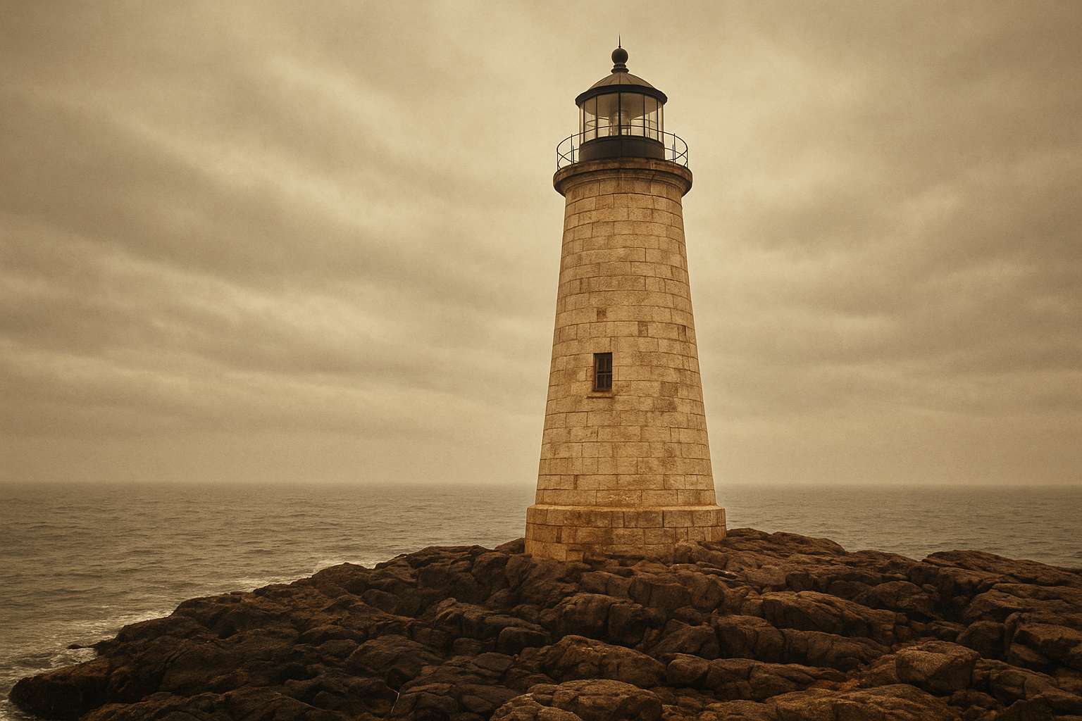 Weathered lighthouse exterior above a wind-struck northern shoreline
