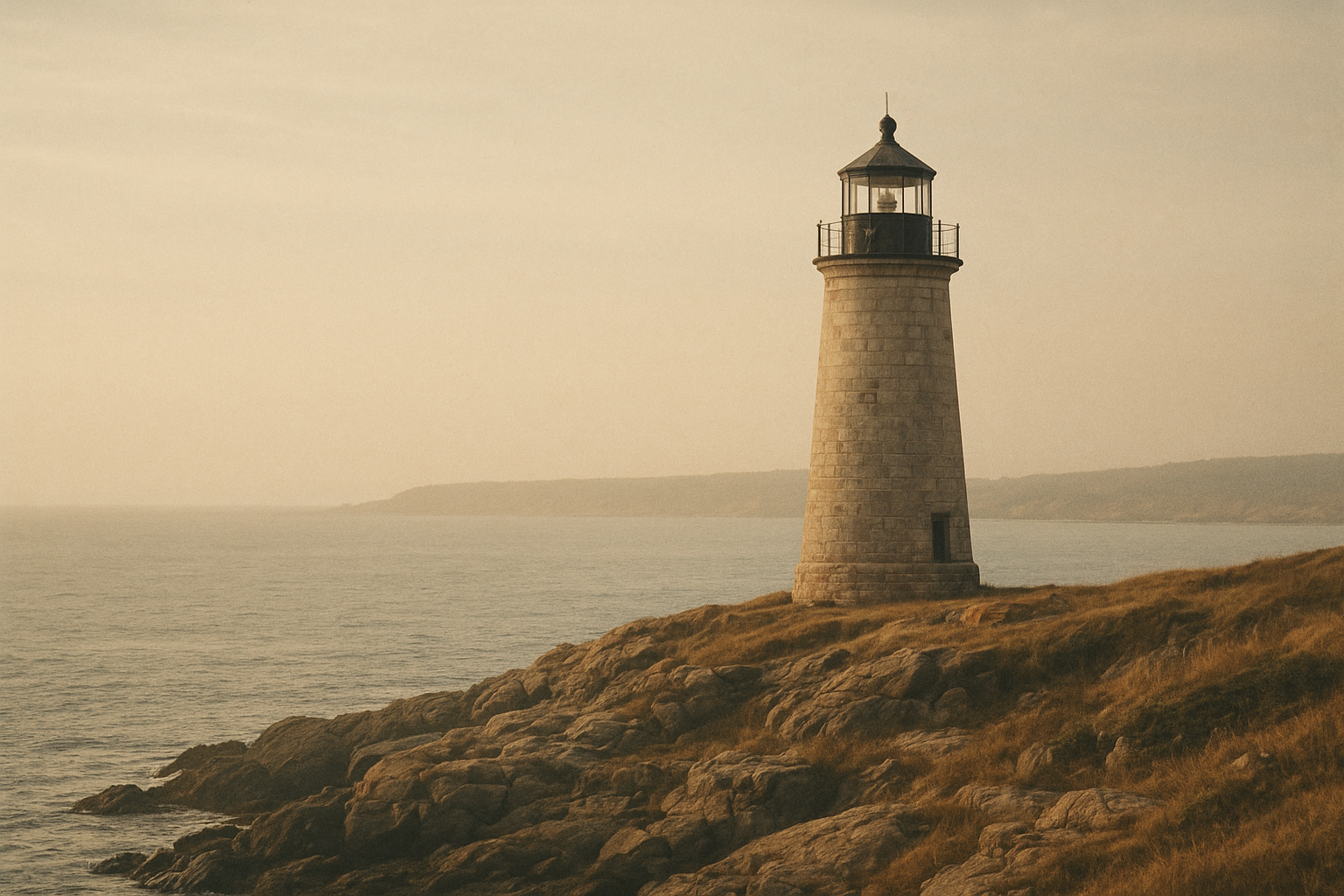 Historic lighthouse on the northern coast in late-day haze with muted sea horizon