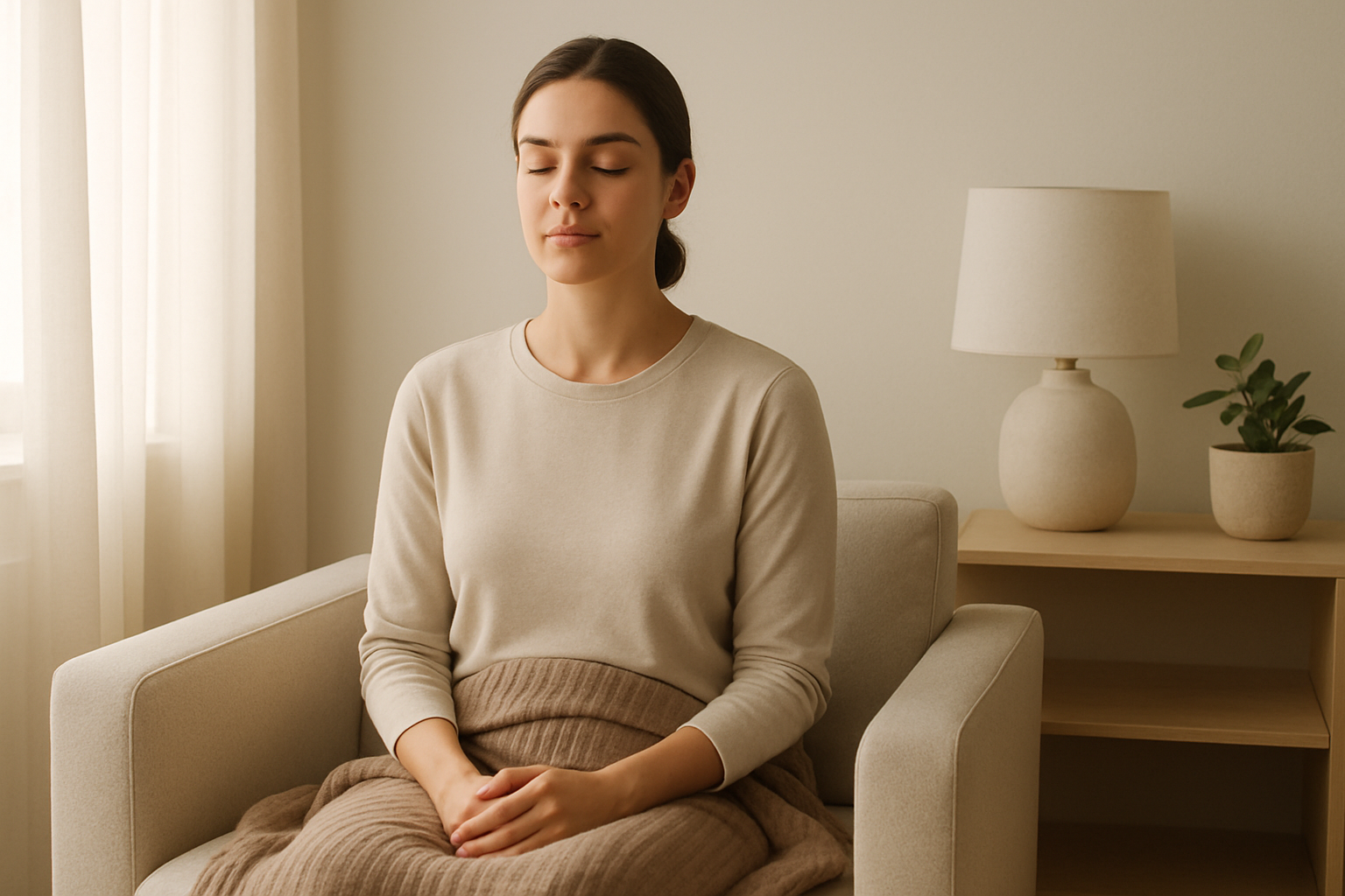 Calm adult wellness support in a serene setting focused on relaxation, stress relief, and restorative sleep