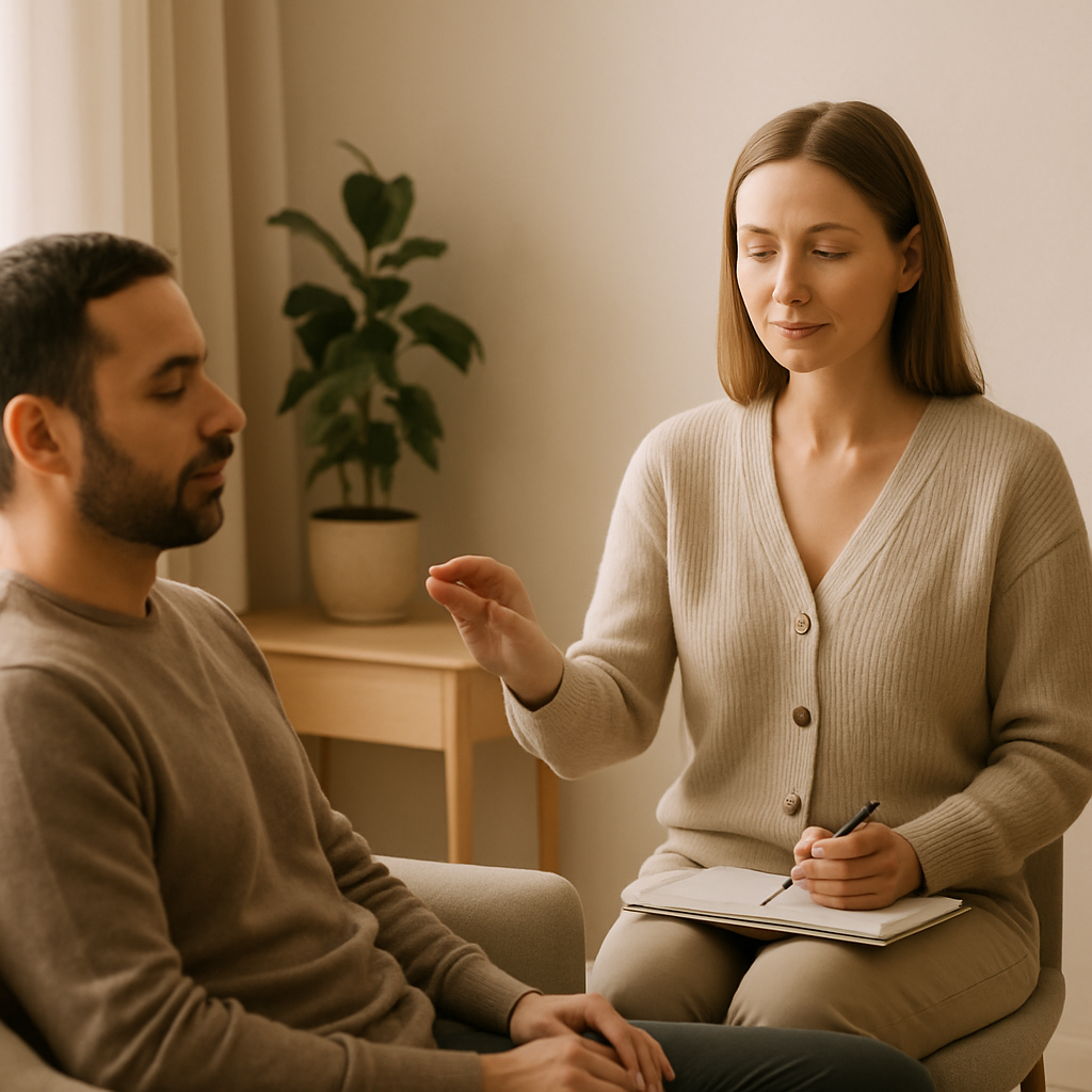 Calm wellness practitioner guiding a client through a peaceful, structured session in a softly lit, reassuring space