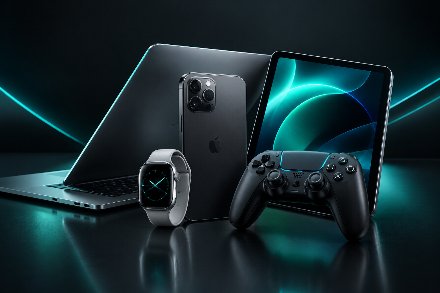 Premium cluster of modern consumer electronics including smartphone, laptop, tablet, smartwatch, and gaming controller in a dark studio setup