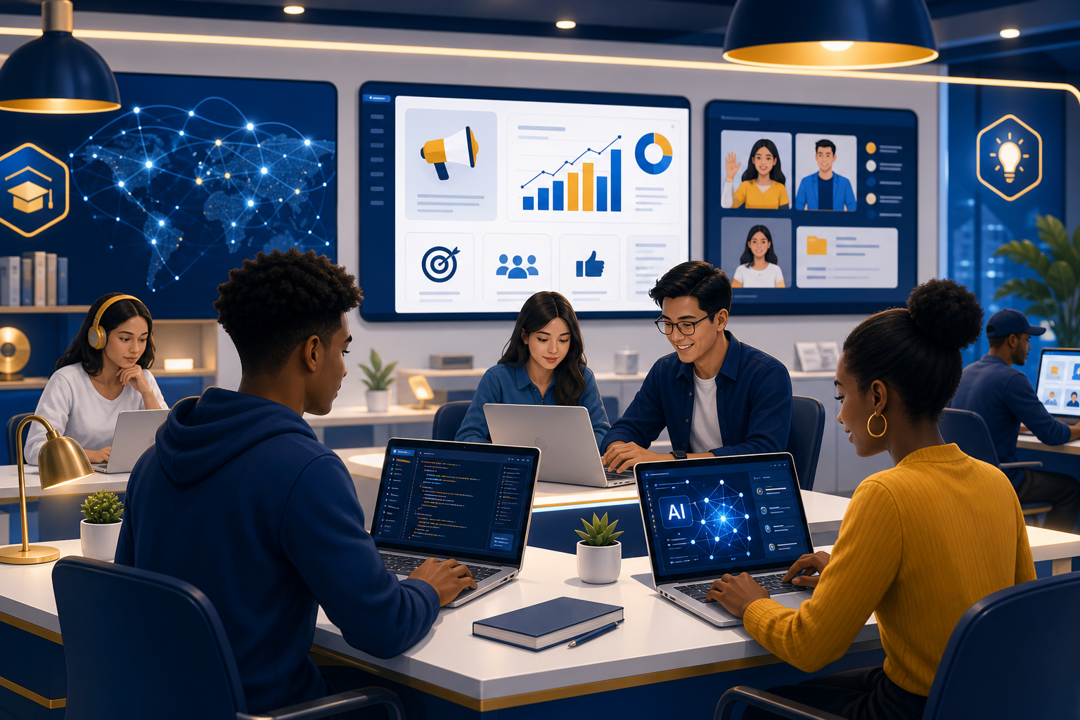 Illustration of diverse students learning online with laptops, a coding screen, AI network visuals, digital marketing dashboards, and a modern workspace