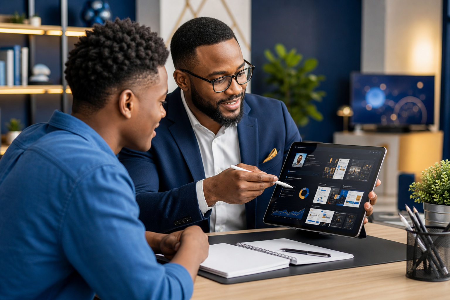 Mentor reviewing a student's portfolio on a tablet in a bright workspace, highlighting digital projects and progress charts