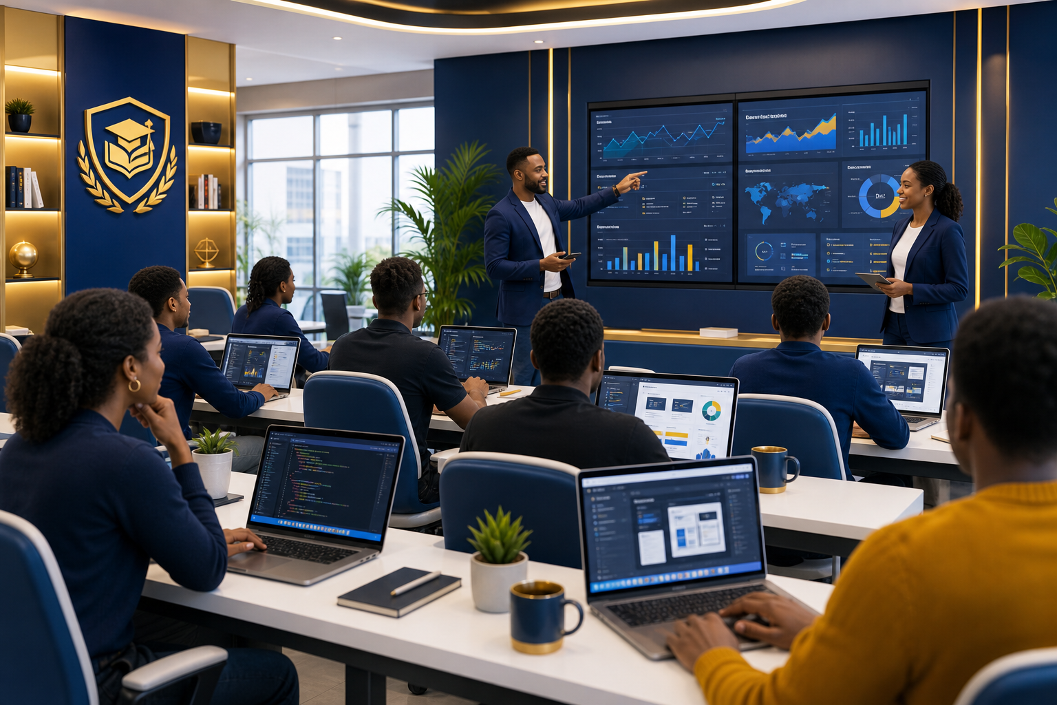 Modern digital learning studio with instructors guiding students on laptops, large screens displaying analytics, and a sleek premium classroom ambiance