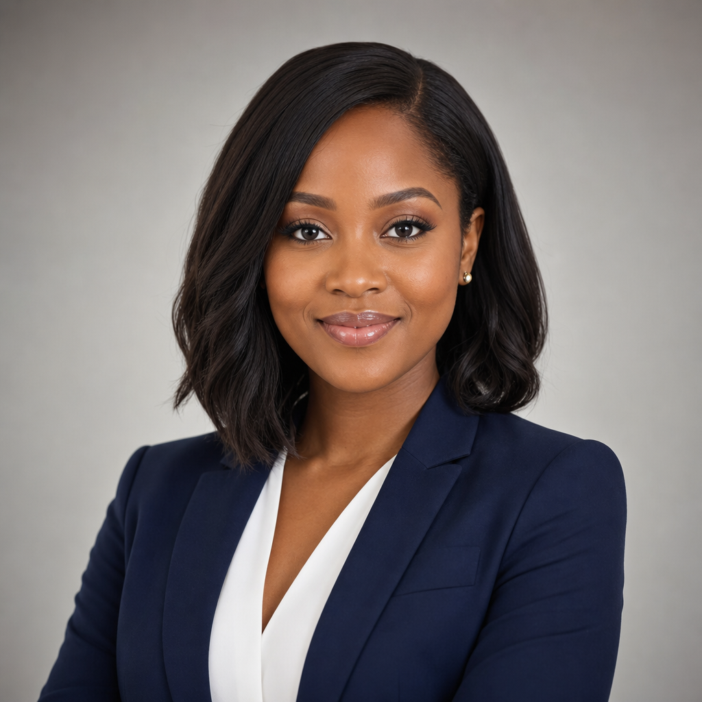 Portrait of Adaobi Okafor, a confident young woman with shoulder-length black hair wearing a navy blazer