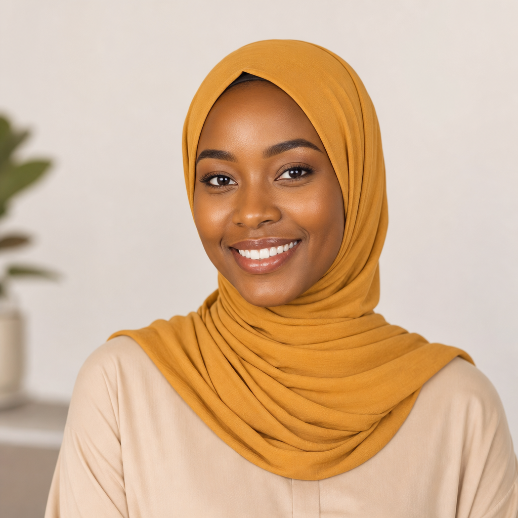 Portrait of Zainab Bello, a professional woman with a warm smile wearing a mustard headscarf