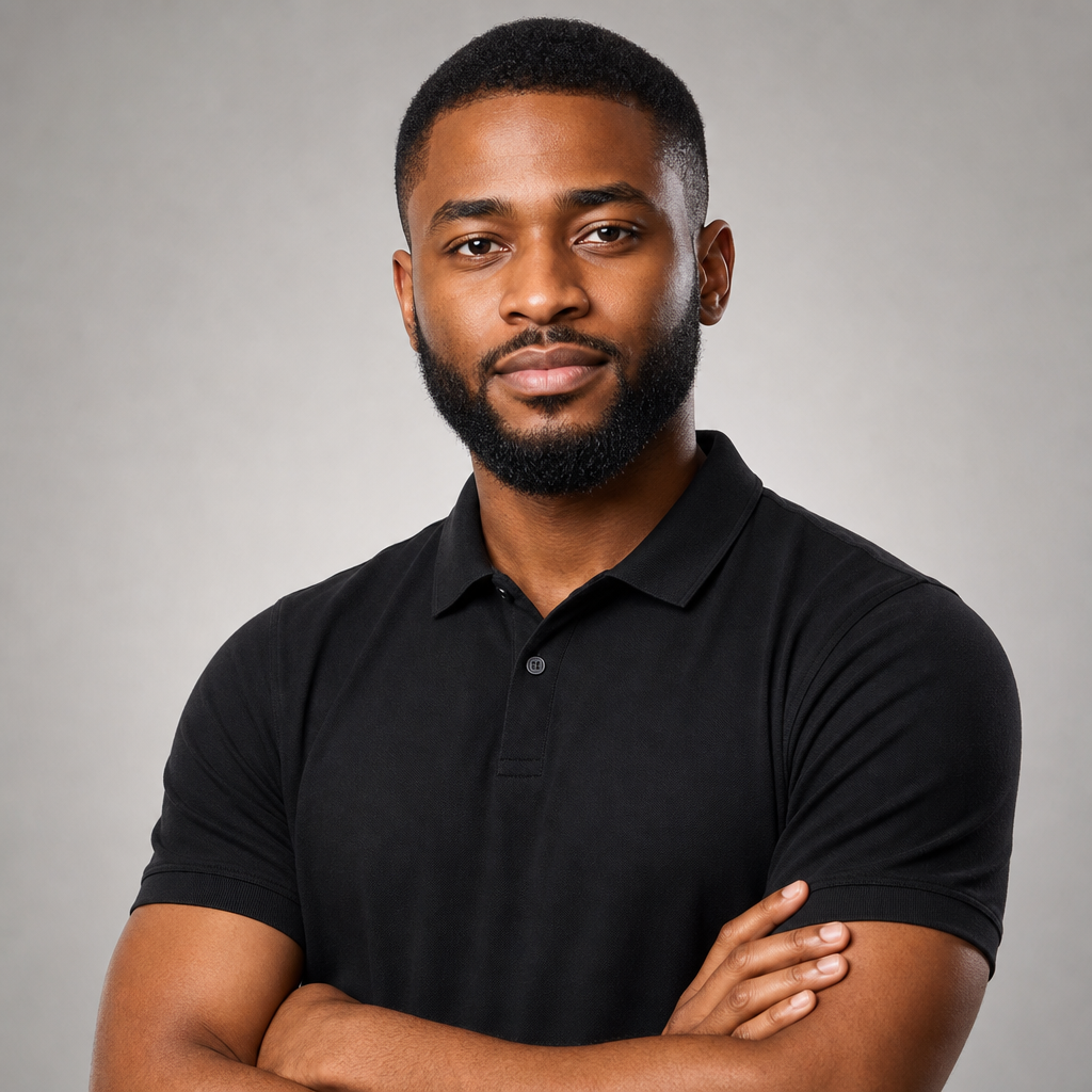 Portrait of Michael Eze, a young man with a trimmed beard wearing a black polo
